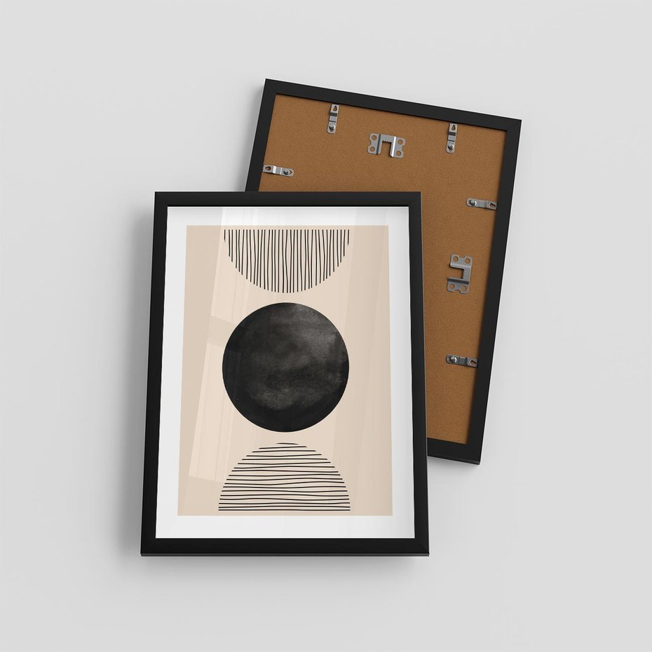 Plakat w ramie 30x40 - Minimalizm w Kształtach - geometryczny graficzny obraz, czarne koło - rama czarna