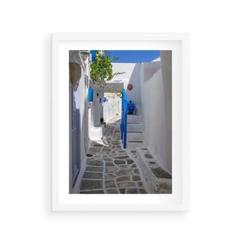 Plakat w ramie 40x50 - Uroki Santorini: Perspektywiczna Uliczka - uliczka, perspektywa - rama biała
