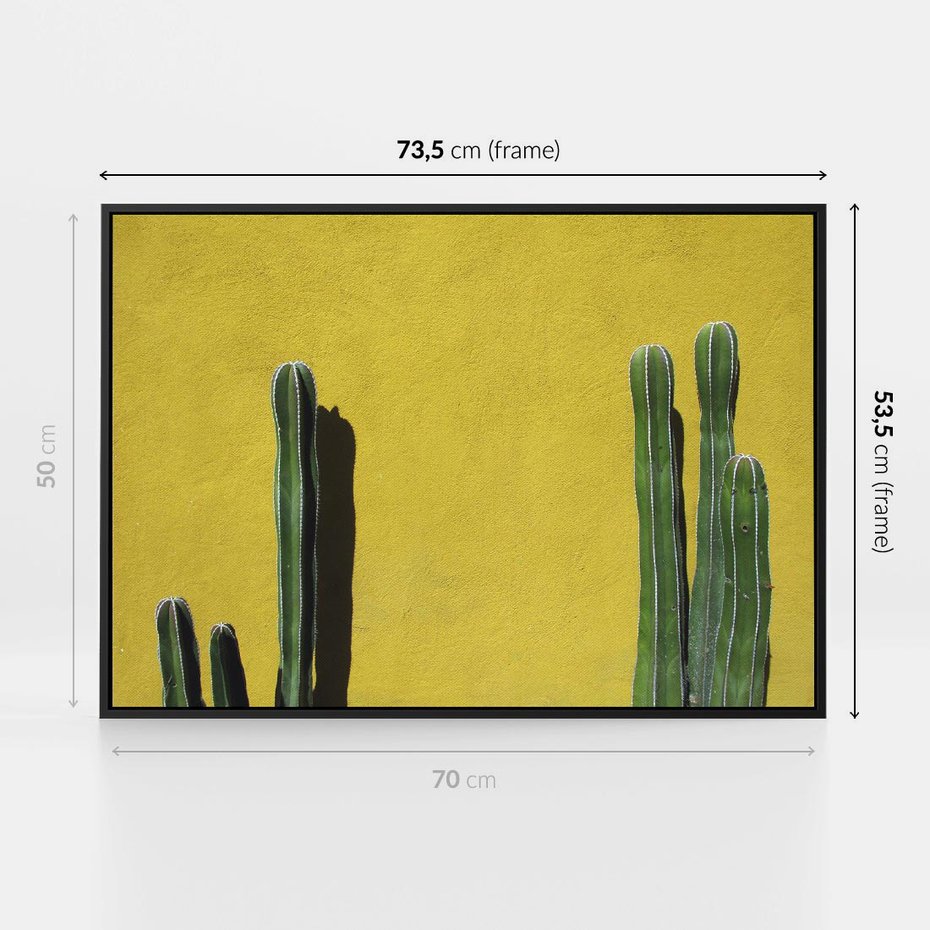 Obraz w ramie 70x50 - Refleksje w roślinnym odbiciu - zielone kaktusy na tle żółtej ściany, soczyste kolory - rama czarna