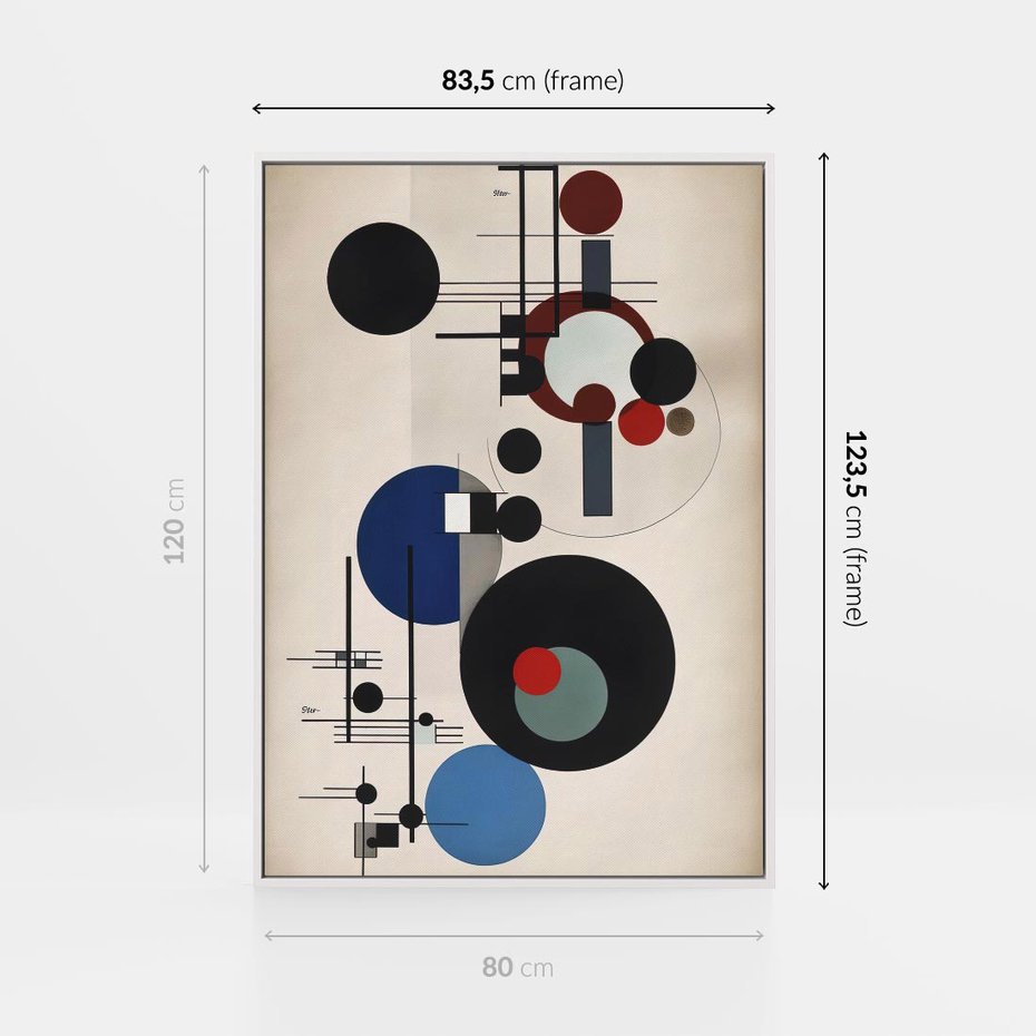 Obraz w ramie 80x120 - Rozkwitające Wibracje Wyobraźni - abstrakcyjna geometryczna kompozycja, koła linie - rama biała