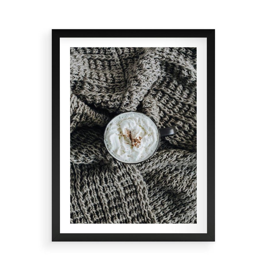 Plakat w ramie 50x70 - Relaks z Kawą i Kocem - ciepły wełniany koc, kawa z bitą śmietaną - rama czarna