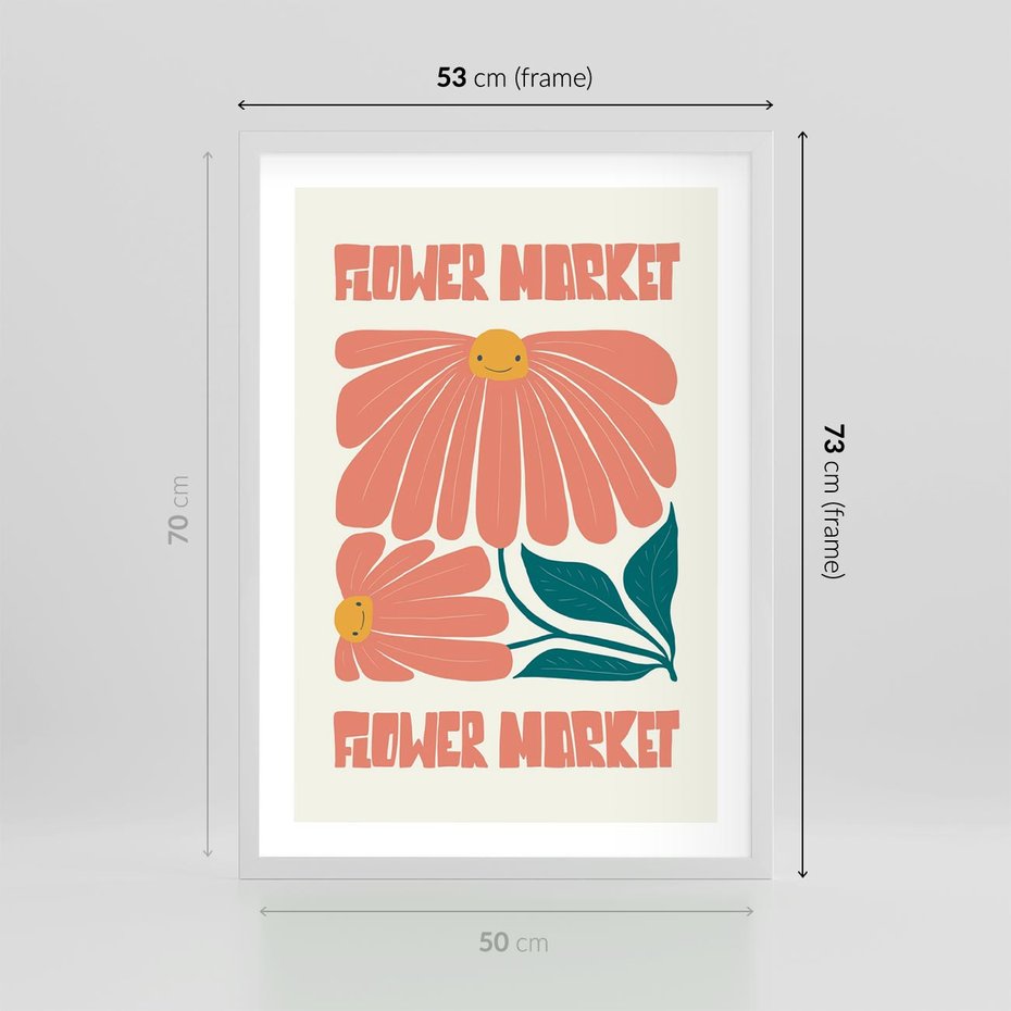 Plakat w ramie 50x70 - Grafika Pełna Radości - wesoła grafika, uśmiechnięte kwiaty - rama biała