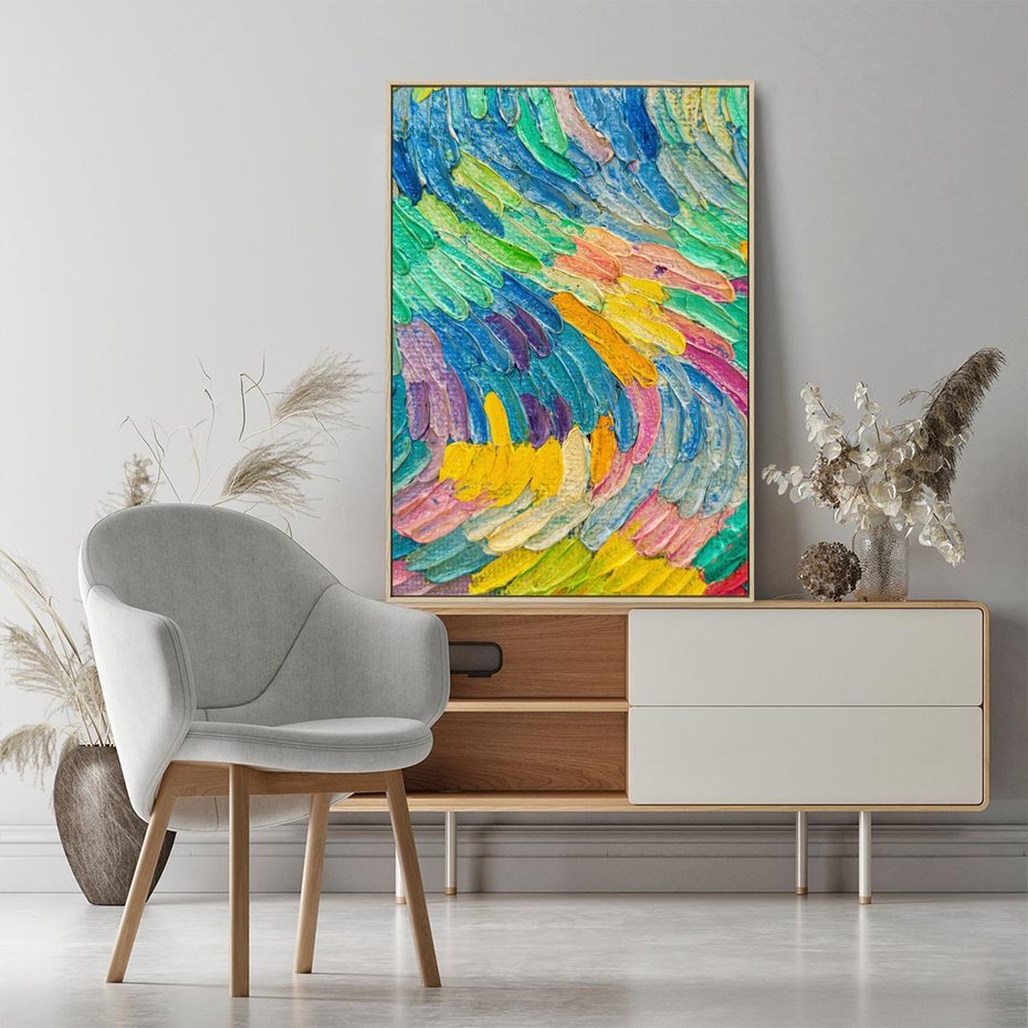 Obraz w ramie 50x70 - Egzotyczne Pióra - abstrakcyjne dzieło, farby olejne - rama drewno