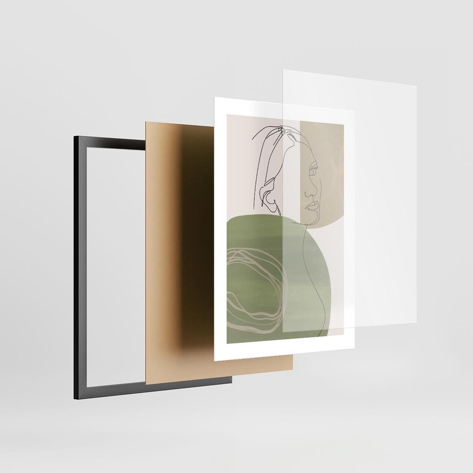 Plakat w ramie 30x40 - Jedna Linia, Wiele Emocji - akwarelowe plamy, na nich szkic postaci kobiety jedną linią - rama czarna