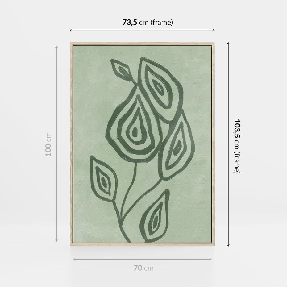 Obraz w ramie 70x100 - Szmaragdowy Oddech - abstrakcyjne delikatne zielone linie, podobne do gałęzi kwiatów - rama drewno
