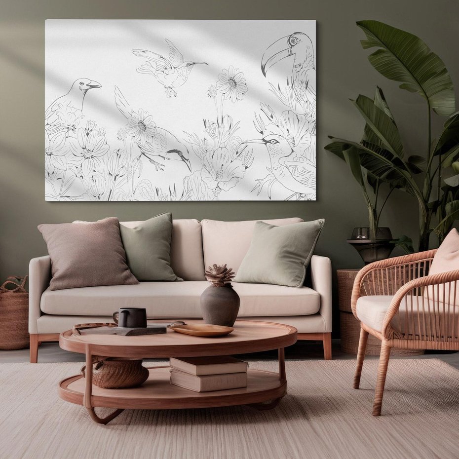 Obraz na płótnie 70x50 - Tropiki w Monochromie - czarno biały szkic, tropikalne ptaki