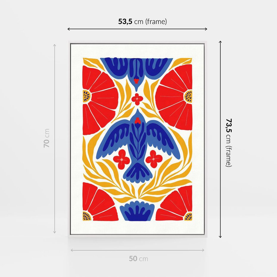 Obraz w ramie 50x70 - Eklektyczny Majestat - wyrazista grafika, mocne kolory czerwień niebieski żółty - rama biała
