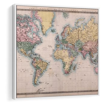 Obraz w ramie 80x80 - Światło Przeszłości - retro mapa świata, mapa - rama biała