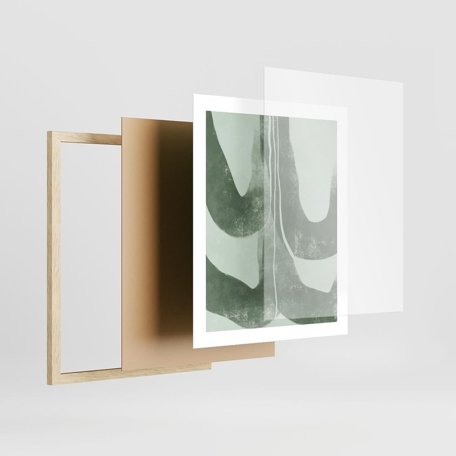 Plakat w ramie 40x50 - Nurtująca Kompozycja Zieleni - abstrakcyjne delikatne zielone linie, podobne do gałęzi kwiatów - rama drewno