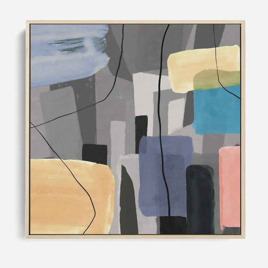 Obraz w ramie 80x80 - Harmonia w chaosie serca - abstrakcja na szarym tle, kolorowe plamy koloru - rama drewno