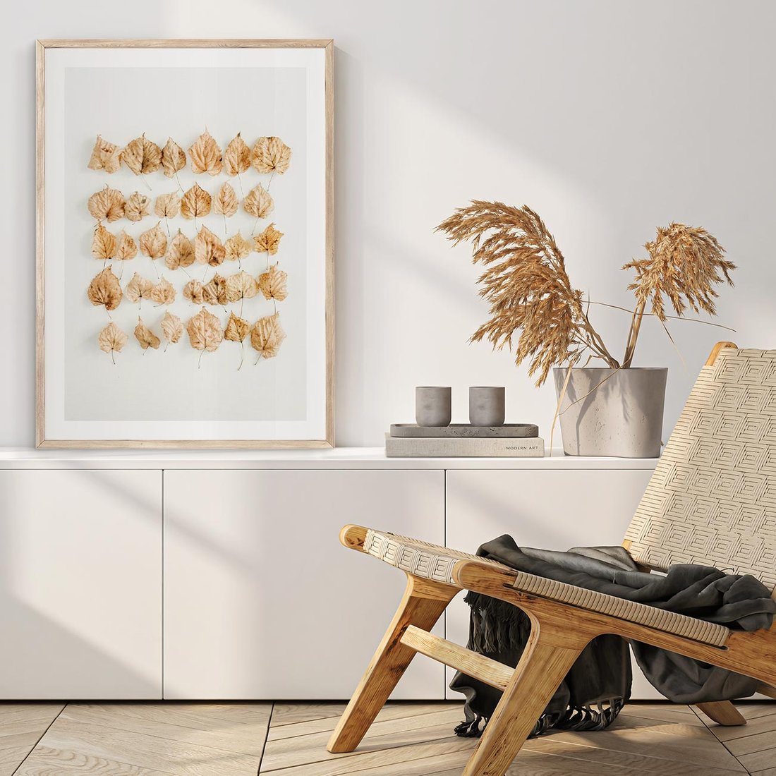 Plakat w ramie 30x40 - Liście Złotego Sezonu - kompozycja z suchych żółtych liści - rama drewno