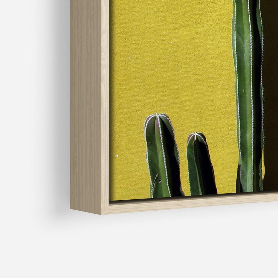 Obraz w ramie 70x50 - Refleksje w roślinnym odbiciu - zielone kaktusy na tle żółtej ściany, soczyste kolory - rama drewno