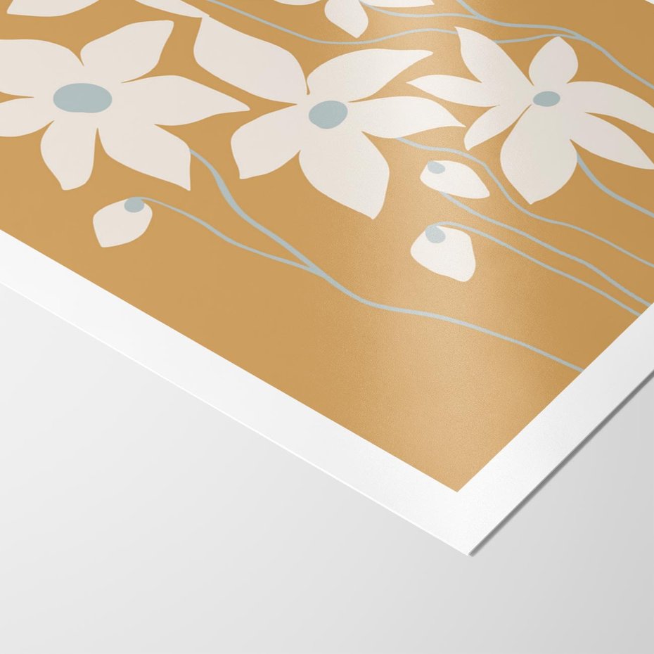 Plakat bez ramy 21x30 - Kwiatowy Spektakl - minimalistyczne kwiaty, na pomarańczowym tle