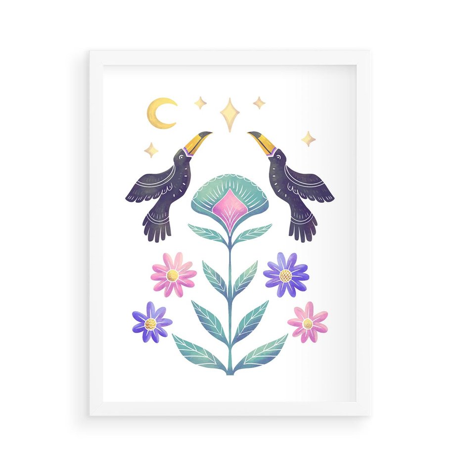 Plakat w ramie 50x70 - Przenikająca Dżungla - boho plakat, tukany - rama biała