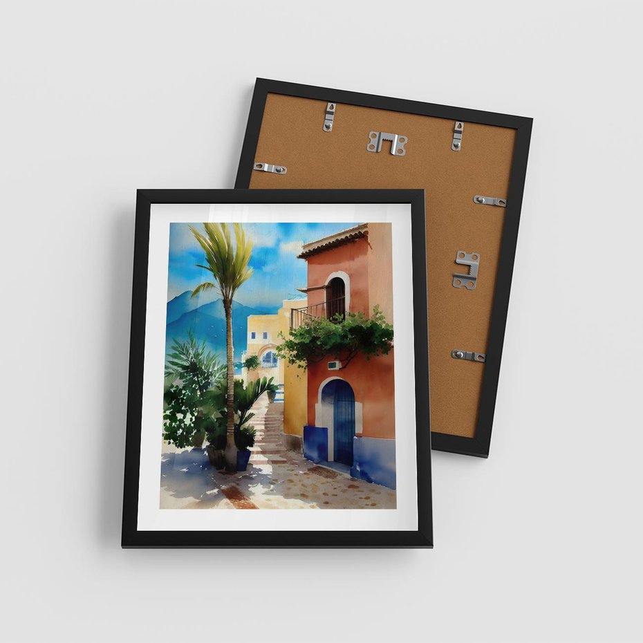 Plakat w ramie 40x50 - Spokój Miasta nad Morzem - akwarela, sródziemnomorski klimat - rama czarna
