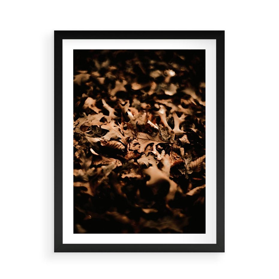 Plakat w ramie 50x70 - Jesienne Liście: Nostalgiczna Kolorystyka - suche liście, jesień - rama czarna