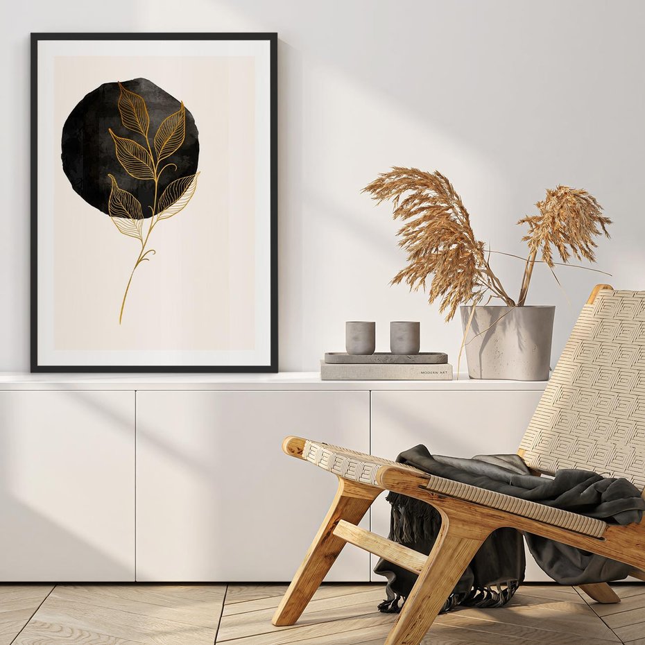 Plakat bez ramy 21x30 - Złoty Liść na Czarnej Plamie - grafika, złoty liść