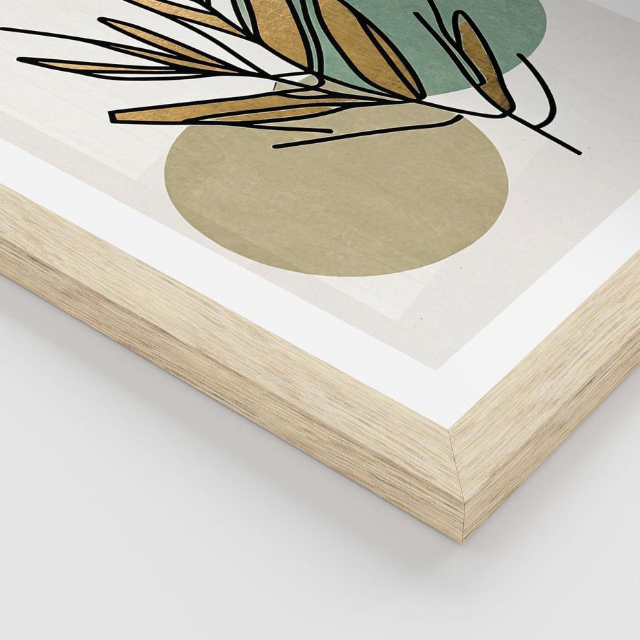 Plakat w ramie 30x40 - Migocące Ścieżki Wizji - abstrakcyjny obraz boho, liście - rama drewno