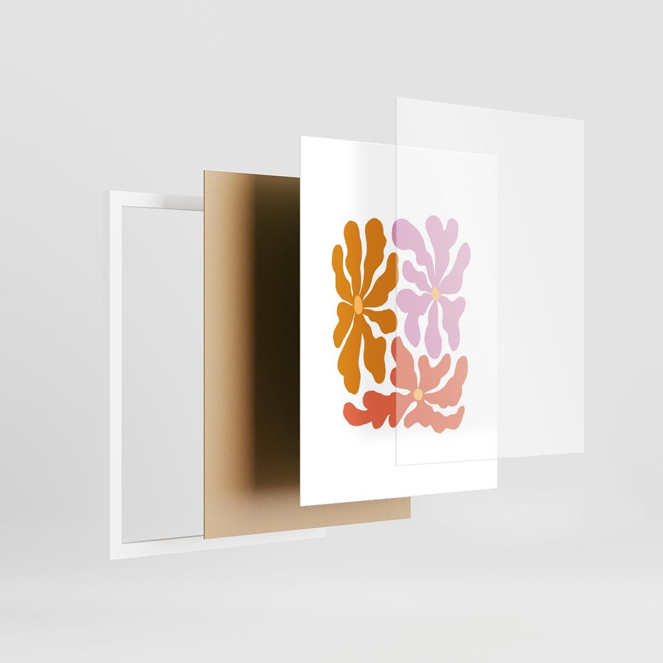 Plakat w ramie 30x40 - Rozbijające Refleksje - abstrakcyjne kolorowe kwiaty, minimlizm - rama biała