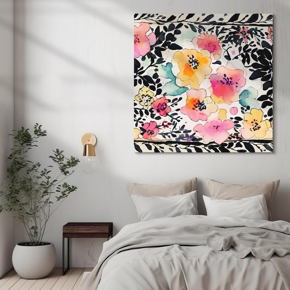 Obraz na płótnie 40x40 - Opowieść w kroplach farb - akwarelowe kwiaty, mocna ornamentowa czarna ramka namalowana dookoła obrazu