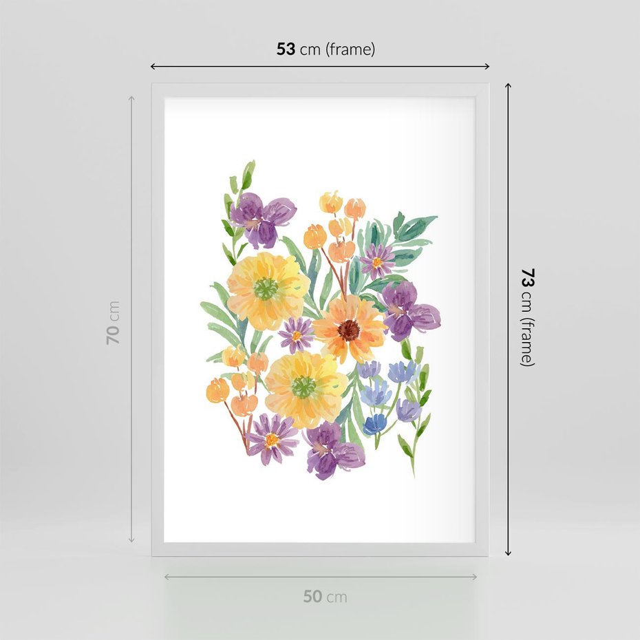 Plakat w ramie 50x70 - Kwiatowe Wibracje - akwarelowe polne kwiaty, minimalistyczny plakat - rama biała