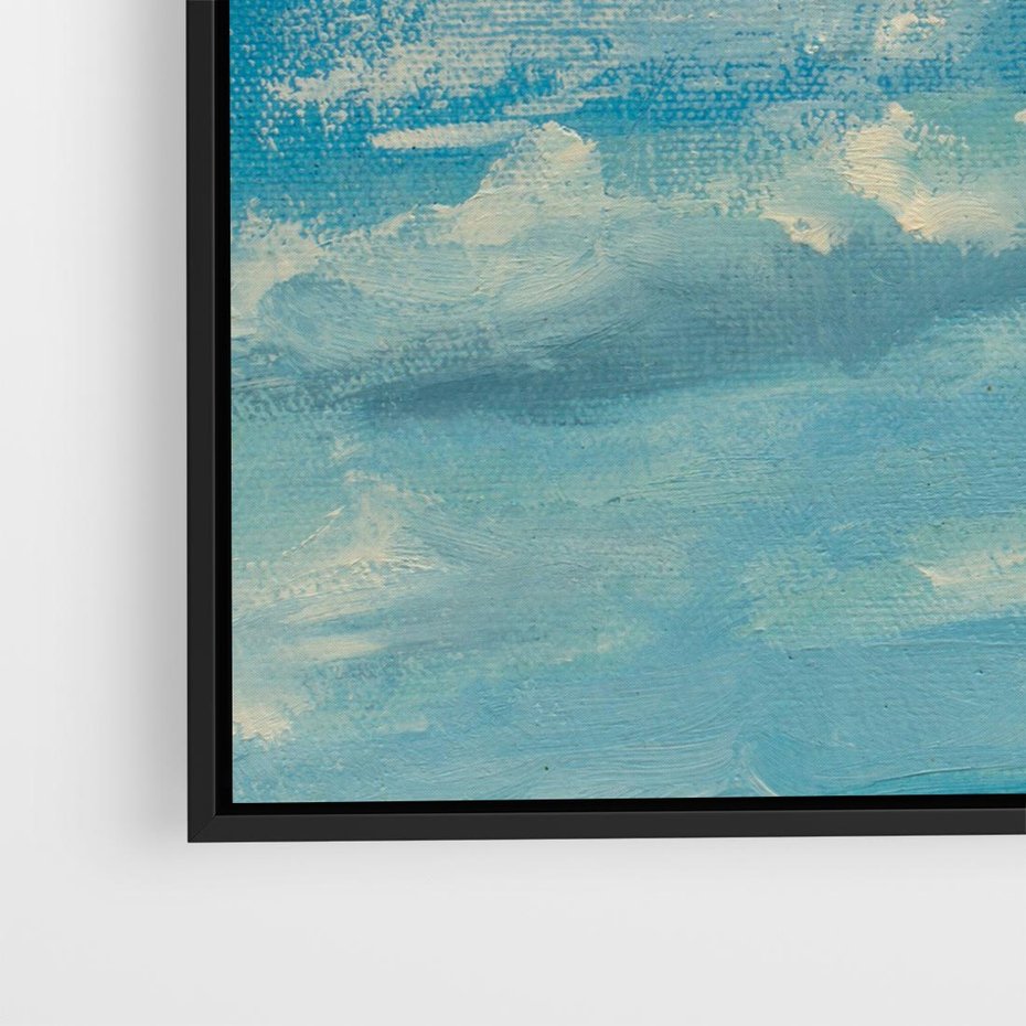 Obraz w ramie 50x50 - Oddechy niebiańskiej materii - olejny obraz, smugi farby przypominają obłoki na błękitnym niebie - rama czarna