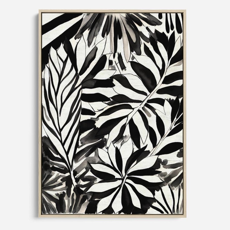 Obraz w ramie 70x100 - Czarne Liście - akwarelowy obraz, czarno biały - rama drewno