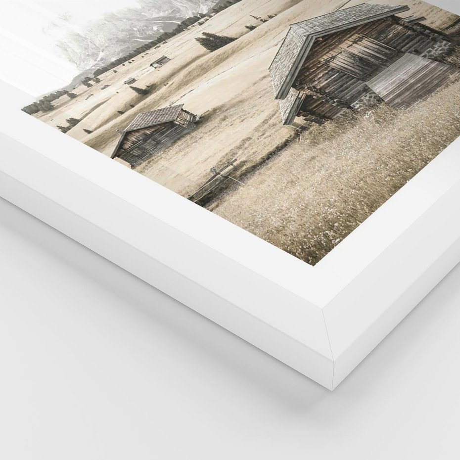 Plakat w ramie 30x40 - Chatka w Górskiej Sepii - domek w górach, chatka - rama biała