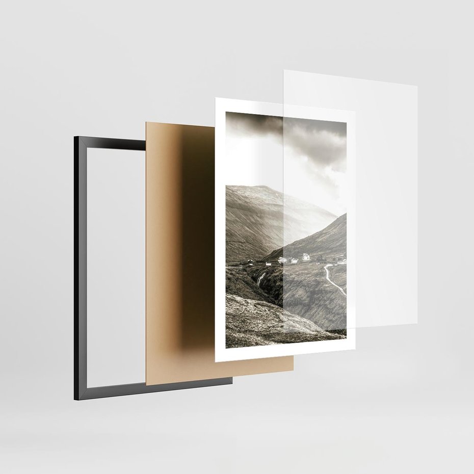 Plakat w ramie 50x70 - Domki w Górach - czarno biała fotografia, górski pejzaż - rama czarna