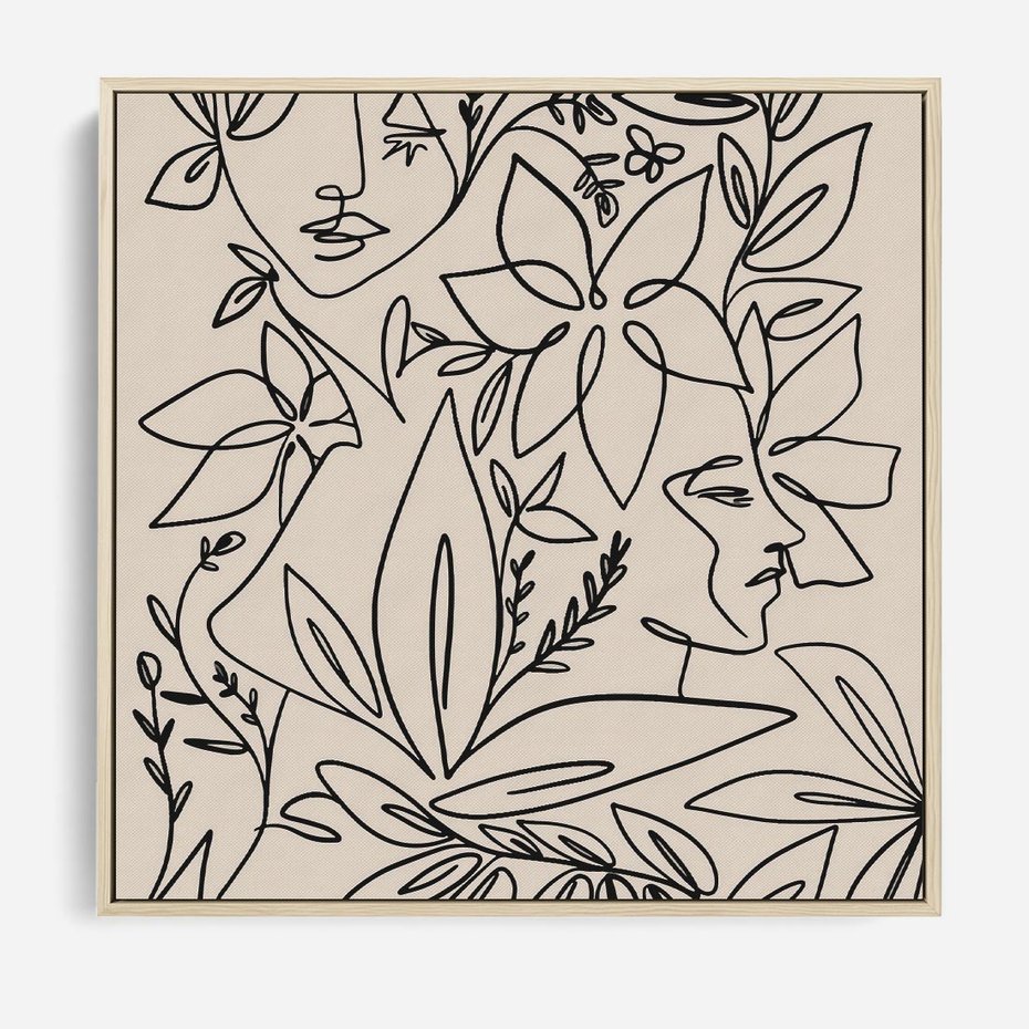 Obraz w ramie 80x80 - Kobiecy Portret Duszy - beżowe tło, czarny szkic nowoczesnych kwiatów - rama drewno