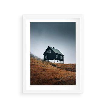 Plakat w ramie 50x70 - Ciepło i Przytulność - skandynawski, domek - rama biała