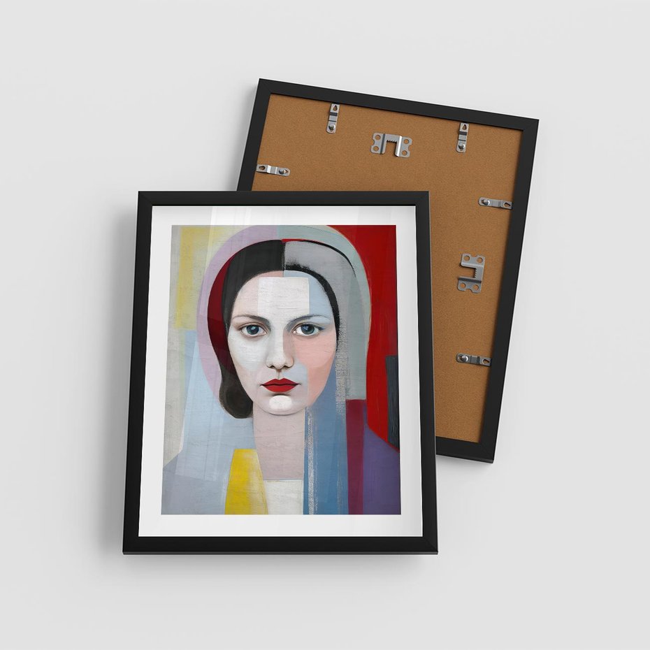 Plakat w ramie 40x50 - Kolorowe Granice Form - abstrakcyjny obraz olejny, portret twarzy kobiety - rama czarna