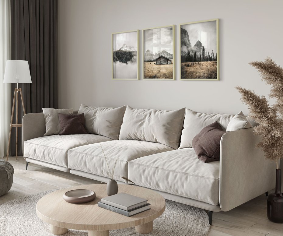 Zestaw obrazy w ramie 50x70 galeria - Rustykalna, chata, góry, mgły - rama drewno