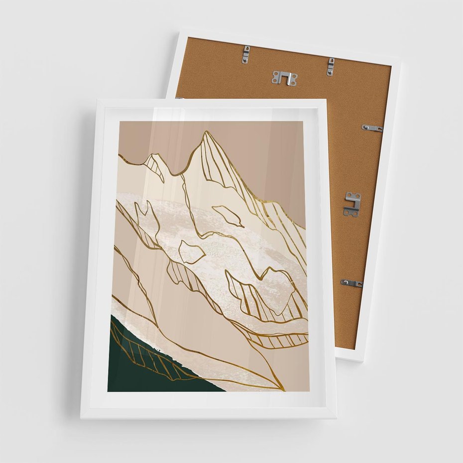 Plakat w ramie 50x70 - Góry w Złocie i Minimalizmie - grafika, złote góry - rama biała