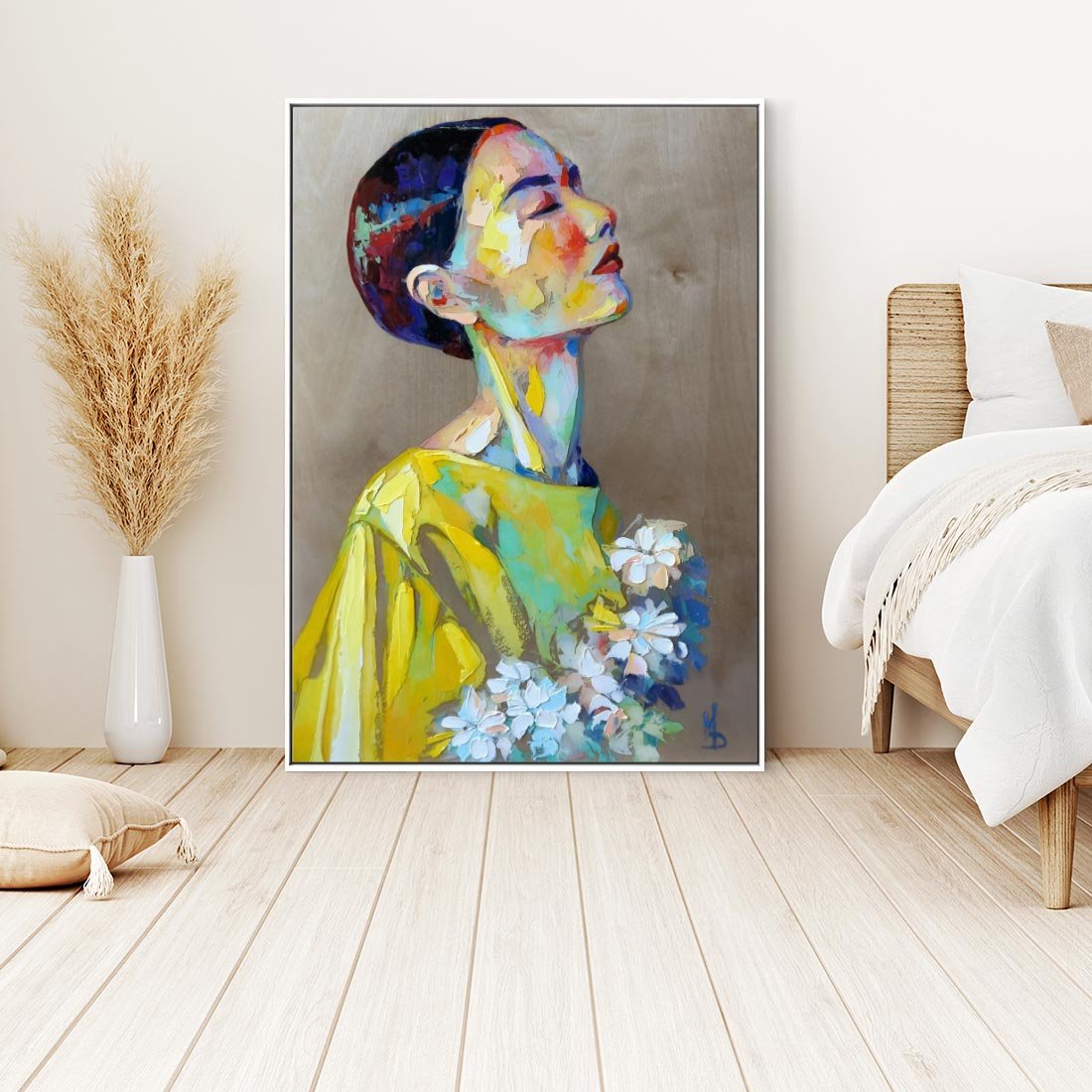 Obraz w ramie 80x120 - W Żółtej Sukience - olejny abstrakcyjny obraz, portret kobiety w żółtej sukience - rama biała