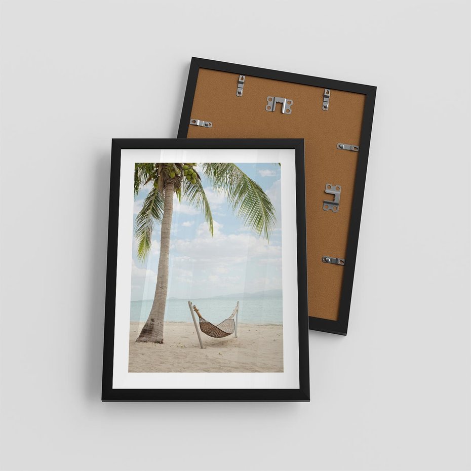 Plakat w ramie 30x40 - Relaks na plaży - palma, hamak - rama czarna