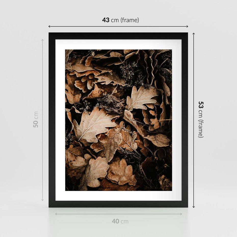 Plakat w ramie 40x50 - Jesienna Melodia: Liście i Szyszki - suche liście, szyszki - rama czarna