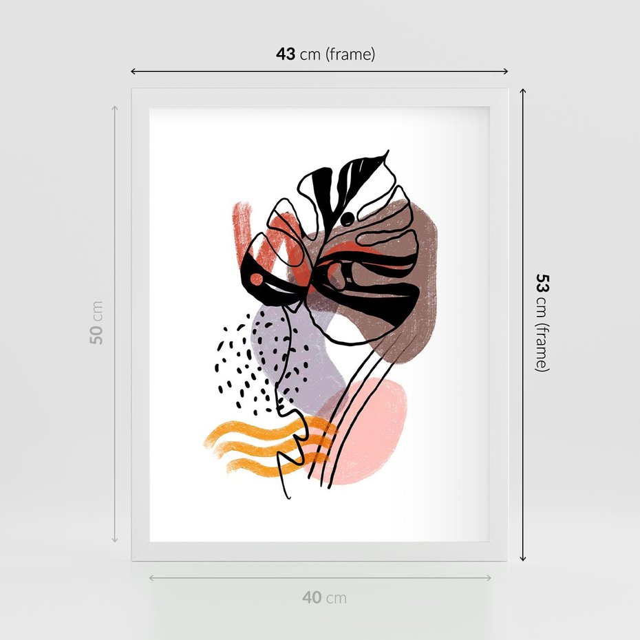 Plakat w ramie 40x50 - Wibracje Abstrakcyjnych Form - abstrakcyjna sztuka, liść monstery - rama biała