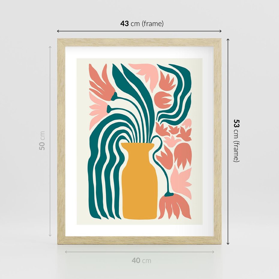Plakat w ramie 40x50 - Kolorowe Pasmo - abstrakcyjne kwiaty w wazonie, pdastelowe kolory - rama drewno