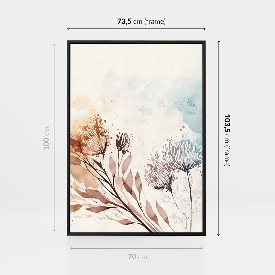 Obraz w ramie 70x100 - Nostalgiczne tańce pędzla - akwarelowe kwiaty, gałęzie - rama czarna