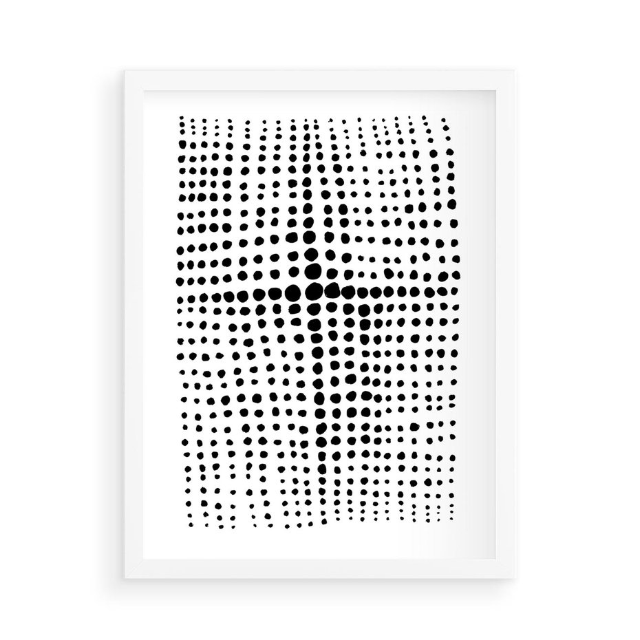 Plakat w ramie 50x70 - Refleksje Monochromatycznych Widoków - abstrakcyjna kompozycja z czarnych kropek, minimalistyczny czarno bialy plakat - rama biała