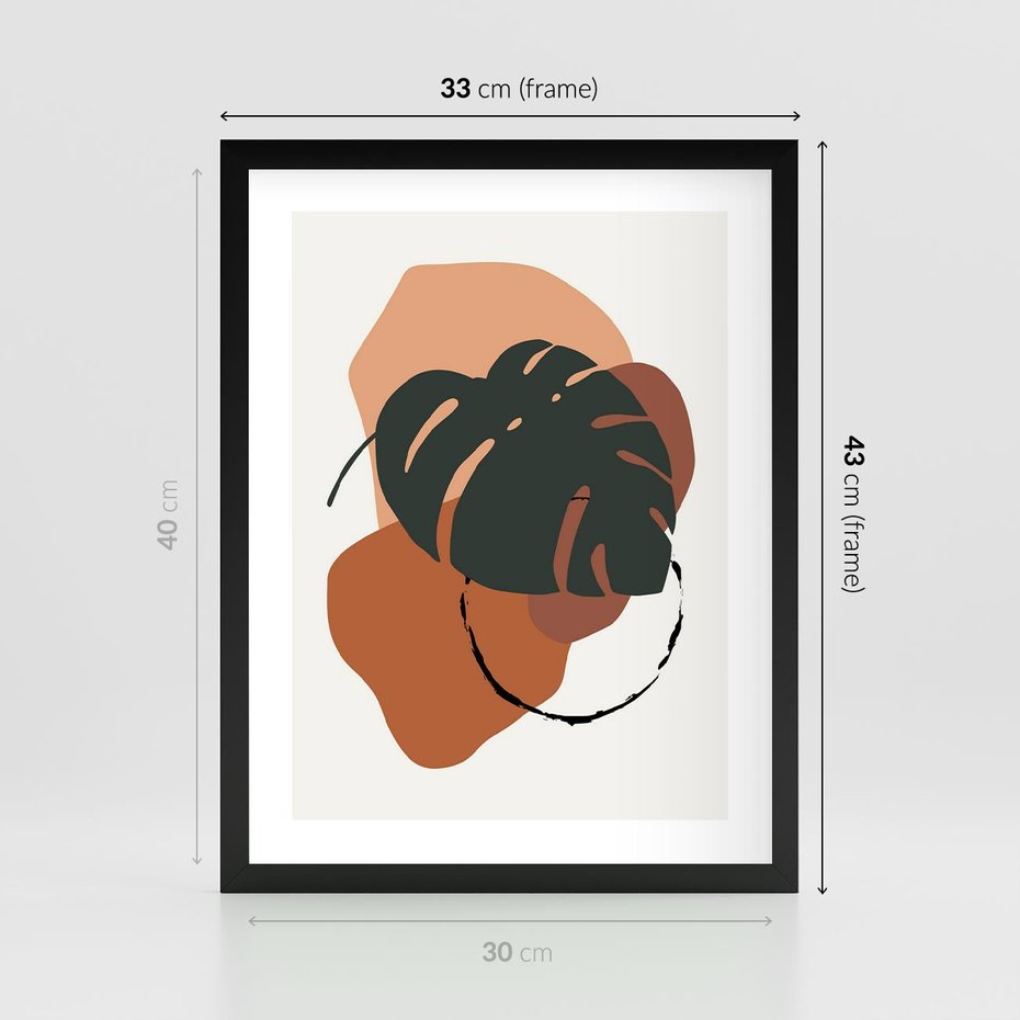 Plakat w ramie 30x40 - Brązowa Ekspresja - liść monstery, boho obraz - rama czarna