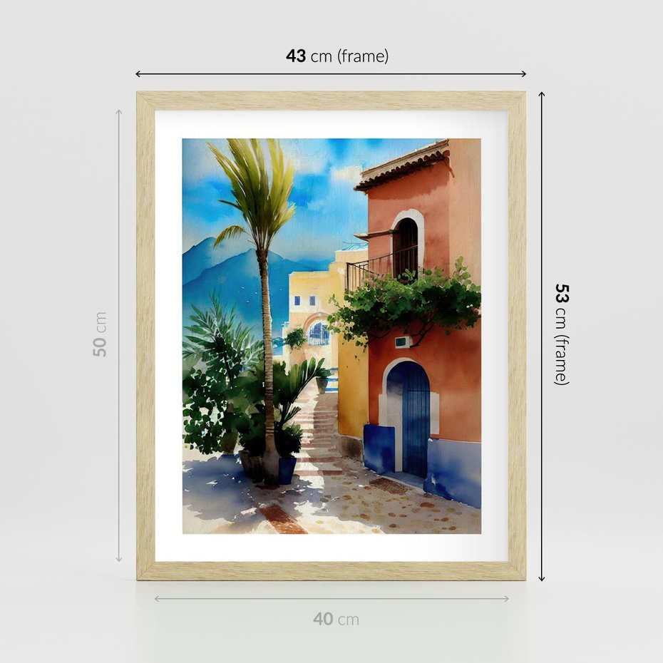 Plakat w ramie 40x50 - Spokój Miasta nad Morzem - akwarela, sródziemnomorski klimat - rama drewno