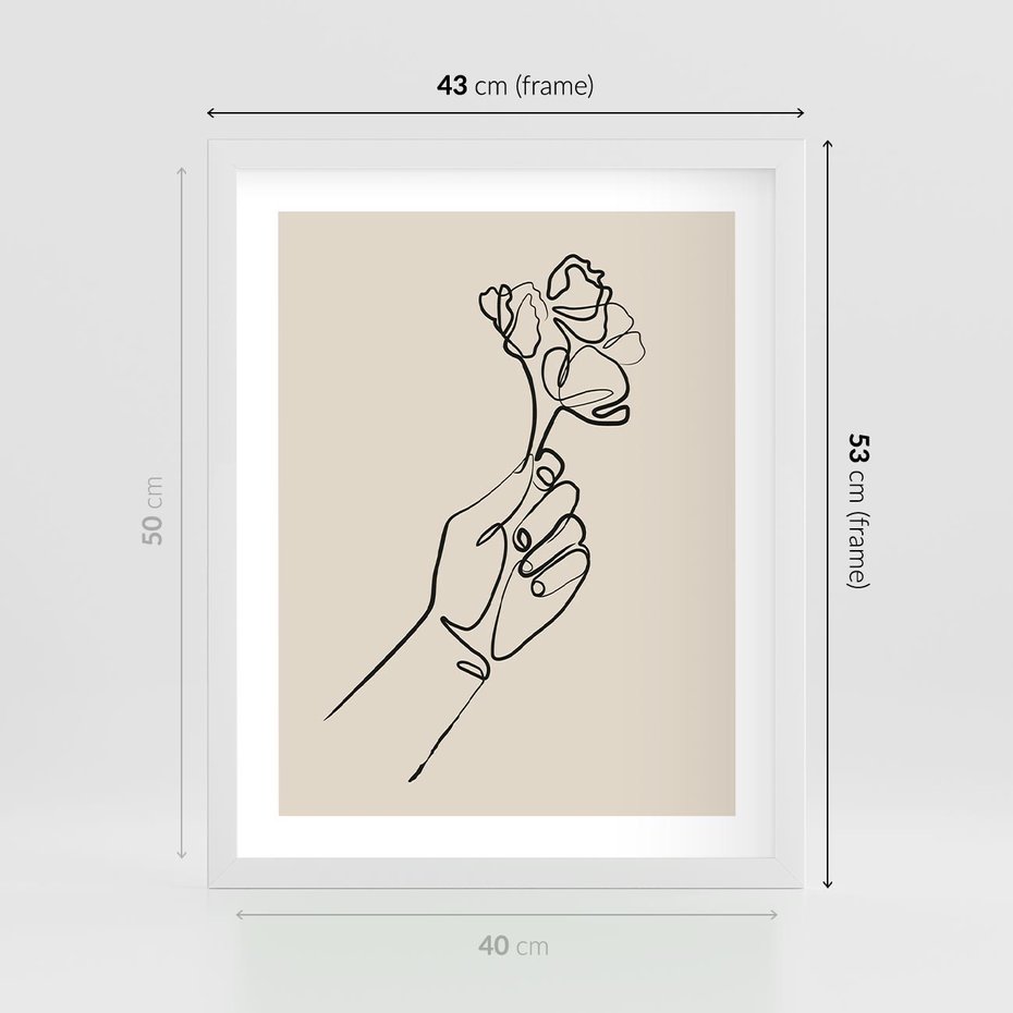 Plakat w ramie 40x50 - Szkic Kwiatu - kwiat w dłoni, szkic - rama biała