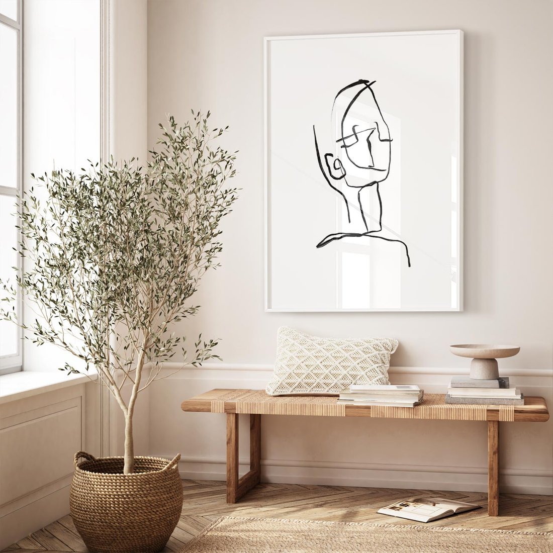 Plakat w ramie 50x70 - Migotliwe Widzenia - szkic twarzy, minimalistyczny niewyraźny - rama biała