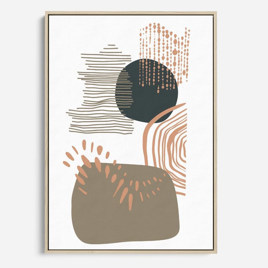 Obraz w ramie 80x120 - Taniec Plam - abstrakcyjna kompozycja z kropek kresek i kółek, odcienie brązu i beżu - rama drewno