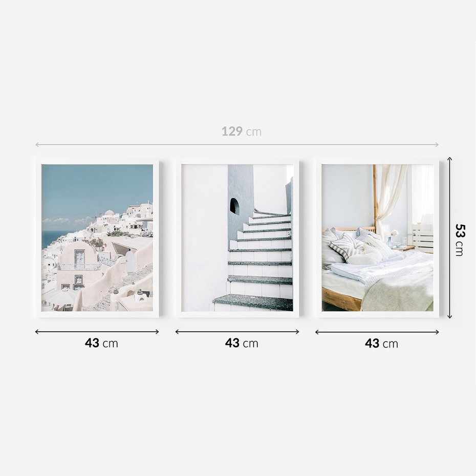 Zestaw obrazy w ramie 40x50 galeria - Santorini, wakacje, błękit - rama biała