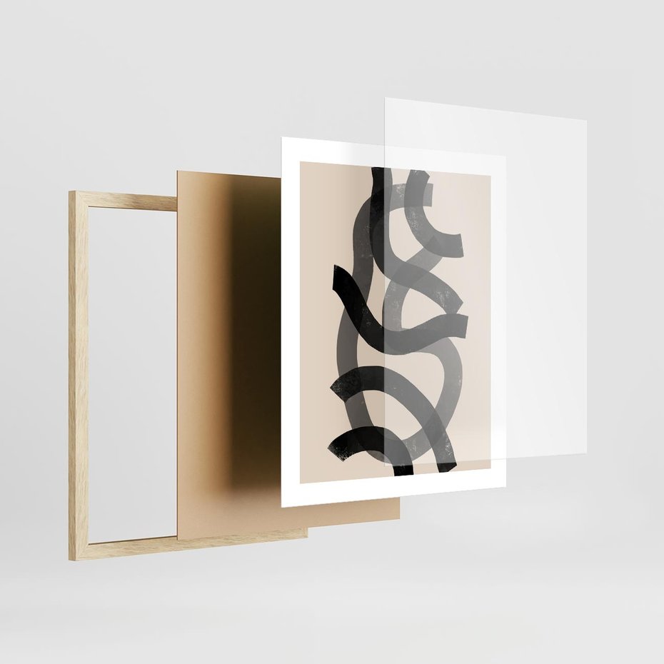 Plakat w ramie 40x50 - Strukturalne Odbicia Innowacji - zaplątane minimalistyczne linie, na bezowym tle - rama drewno