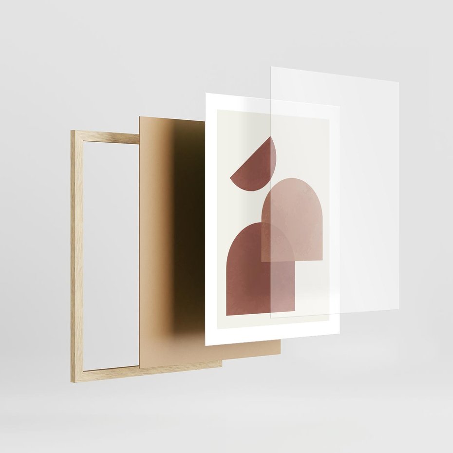 Plakat w ramie 30x40 - Harmonijne Widoki - abstrakcyjne geometryczne kształty, odcienie brązu i beżu - rama drewno