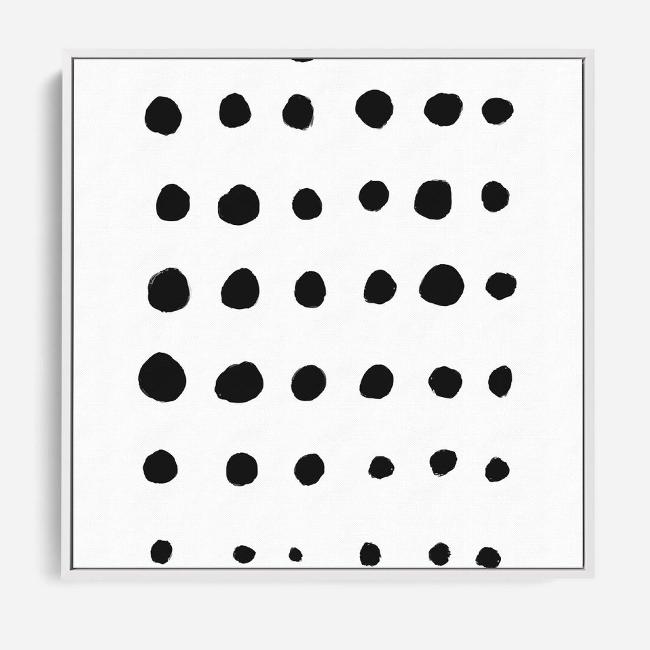 Obraz w ramie 50x50 - Refleksje Światła - minimalistyczna kompozycja, czarne kropkina białym tle - rama biała